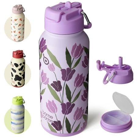 BOTTLE BOTTLE Gourde isotherme avec pilulier Bouteille isotherme de 900 ml Gourde sport en acier inoxydable pour l'extérieur, la randonnée (tulipes violettes)