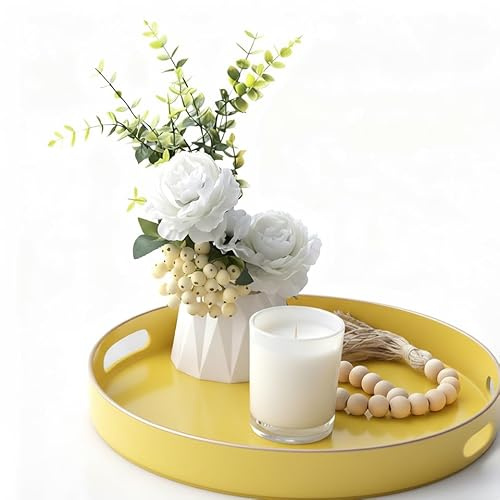 Simmer StRound Plateau décoratif rond en plastique avec poignées, coiffeuse moderne et de service pour ottoman, table basse, cuisine et salle de bain, taille 33 cm (jaune citron)