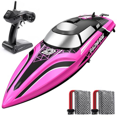 DEERC Schnelles ferngesteuertes Boot mit LED-Beleuchtung, 30+ Mins, 20+ MPH, automatisches Selbstwiederaufrichtendes ferngesteuertes Boot für Pools und Seen, 2,4 GHz Rennboot, sommerliches