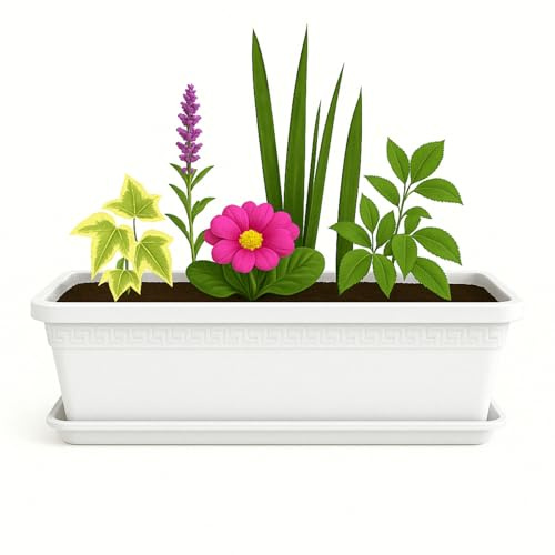 TECHZOCO Jardinera de plástico con Plato, Macetero Jardín, Incluye Plato, Fabricado en Polipropileno, Apto balcón, Patio, Interior/Exterior, 60 cm Largo x 16.5 cm Alto x 18 cm Fondo, Blanco