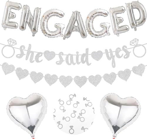 Party Supplies Silver Engagement Party Decorations Kit - Foil Balloons, Heart-shaped Garlands, Banner & Glitter Diamond Ring Confetti for Engagement Celebrations Wedding Proposal Bridal Shower