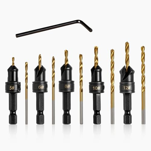 Litorange 10 PCS Countersink Drill Bit Set, Counter Sink Drill Bits for Wood, 1/4 Hex Shank, #5 6 8 10 12 Include 5 PCS Replaceable Drill Bits