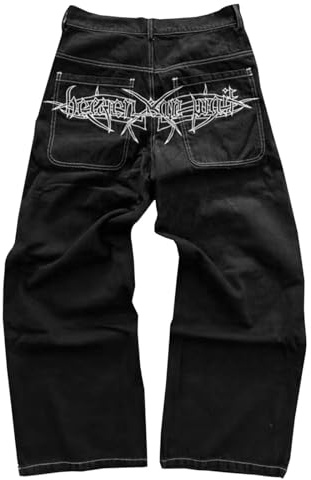 Mens Jeans for Men,Loose Fit Baggy Wide-Leg Denim Embroidered Pants Comfortable Straight Leg Trousers Hip Hop Heavy Duty Jogger Bottom with Pockets Black XL