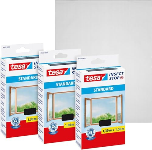 tesa Insect Stop Standard Fliegengitter für Fenster im 3er Pack - Insektenschutz zuschneidbar - Mückenschutz ohne Bohren - 3 x Fliegen Netz - 130 cm x 150 cm - Anthrazit