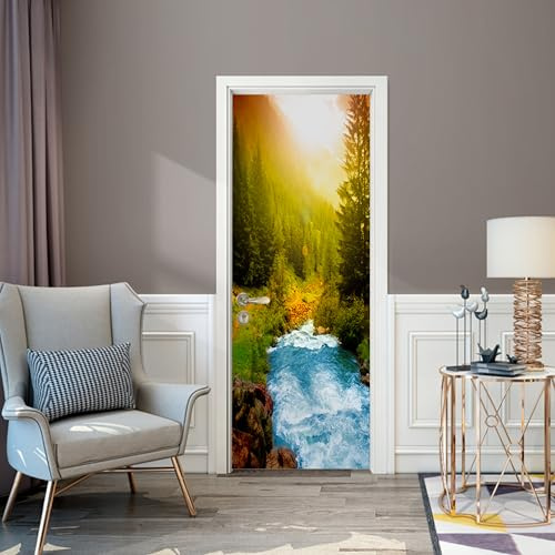AstraDesign Tür Tapete „Flusslauf im Wald“ 88x200 cm – selbstklebende PVC-Folie, Premium Qualität – realistische Waldlandschaft – Türposter, Wohnzimmer, Flur, Schlafzimmer – rückstandsfrei entfernbar