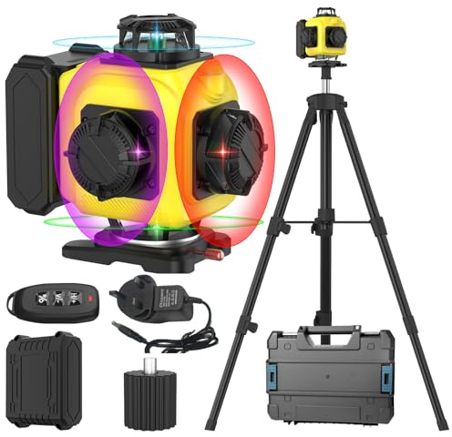 Laser Level with Ttripod, 4 x 360° 16 Lines Self Leveling Lazer Level with 4.8A Battery, 4 Color Laser Line, Remote Control, Suitable for Construction, Tile, Home Decoration (with Support)