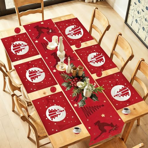 Huucozn 19 Stück Weihnachts Tischdeko Set Tischläufer Roter 30x150 cm Weihnachtsläufer 6X Platzsets Tischset Platzdeckchen Rot Weihnachtstischdecke Weihnachtstischdecken Weihnachts Tischdecke
