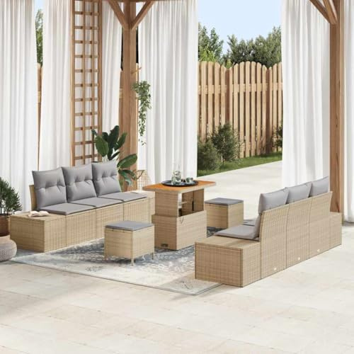 Qnhdfrt 9-teiliges Gartensofa Set aus Poly Rattan mit beigen Kissen Akazienholz Gestell für Terrasse Garten