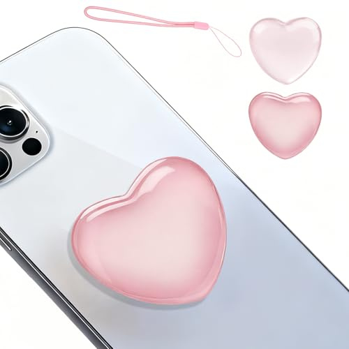 Uppsättning av 2 universellt hjärta mobiltelefon handtagshållare, infällbart glas kärlek hjärta med handledsrem handtag ljusrosa gradient rosa glas design grepphållare för smartphones och surfplattor