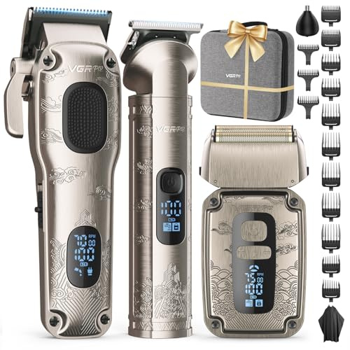 VGRPRO Set de maquina de cortar pelo hombre y Trimmer, Afeitadora Eléctrica para Barba, Sin Cable Cortapelos Hombre, Configuración de 4 Velocidades, Pantalla LED de Batería, Uso de Barbero (plateado)
