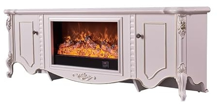 BNUTFRDD Mueble de TV con Chimenea Blanca, 3D Efecto Llama, decoración Tallada Creativa, Consola Entretenimiento Almacenamiento Mueble para TV con Chimenea