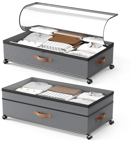 BugyKido Lot de 2 boîtes de rangement sous lit de 72 l - Avec roulettes - Rotation à 360° - Avec couvercle en PVC - Cadre en métal - Pour vêtements, chaussures et couvertures