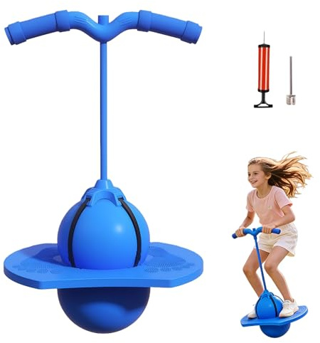 Balance Jumping Ball, Pogo Ball with Handle & Pump for Kids Ages 8-12 100lbs, Pogo Jumper Bouncing Stick Toy with Non-Slip Foot Pads, Improve Balance, Coordination Indoor Outdoor Fun (Blue)
