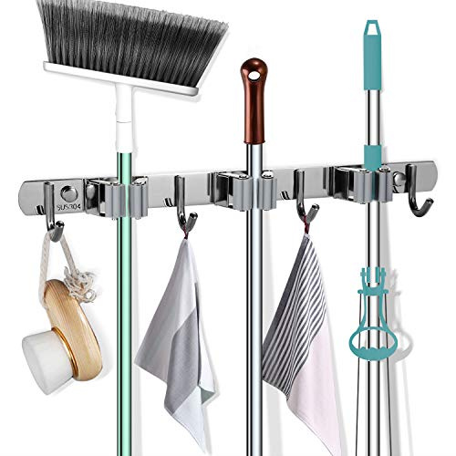 Goowin Besenhalter, Besen- und Mopphalter, Wandmontage, robuster Edelstahl, Besenhalter, Wandhalterung mit 3 Racken, 4 Haken für Badezimmer, Küche, Büro (Grau)