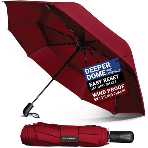 Prostorm Vented Travel Umbrella | Strong Compact Windproof Umbrella | Deep Dome Coverage | Automatic Open/Close | Portable Pop-Up with Large Coverage | Fits Car & Backpack (Red)
