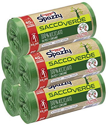 Domopak Spazzy Sacchi Nettezza Saccoverde Avvolgi & Chiudi 100% Riciclato Da Post-Consumo - Casalingo 40 Lt - Verde - 5 Confezioni Da 20 Pezzi - 1350 g