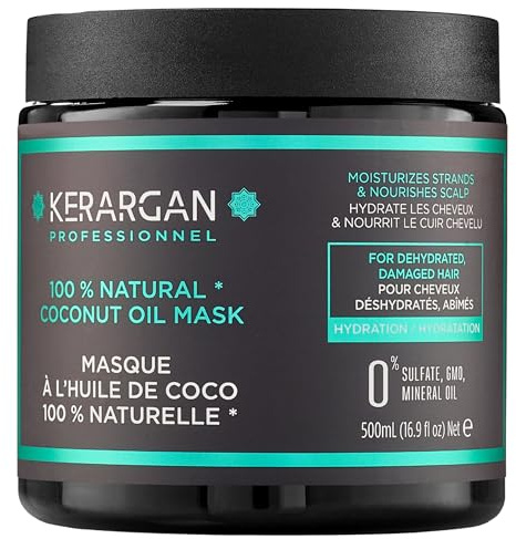 Kerargan - Masque Capillaire Hydratant à l'Huile de Coco - Traitement Intensif pour Cheveux Déshydratés et Abîmés - Hydratation Profonde - Sans sulfate, OGM et huile minérale - 500ml