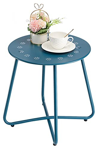 danpinera Outdoor Side Tables with Flower Cut Outs, Weather Resistant Steel Patio Side Table, Small Round Outdoor End Table Metal Side Table for Patio Yard Balcony Garden Navy Blue