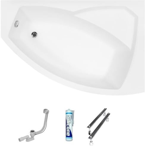 ECOLAM Baignoire d'angle acrylique Rima 140x90cm | version droite | pieds siphon + silicone | Belle forme Design moderne