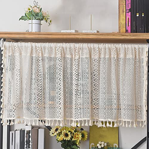Unifarbige Scheibengardine, Transparenter Kurzstore Gardine Durchstangenzug mit Quaste Panneaux Fenstervorhang Jacquard Häkeln Bistrogardinen Gardine für Café Bistro. 1 Stück-Beige-150x93cm(59x37in)