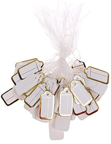 1000 Stück Schmuck-Preisschilder Kleiner Markierungsanhänger mit Schnur zum Aufhängen, Geschenk-Aufhängung, Papier-Etikett, beschreibbar, blanko, Uhren-Anhänger für Geschäft, Gold (Weiß mit Goldrand)