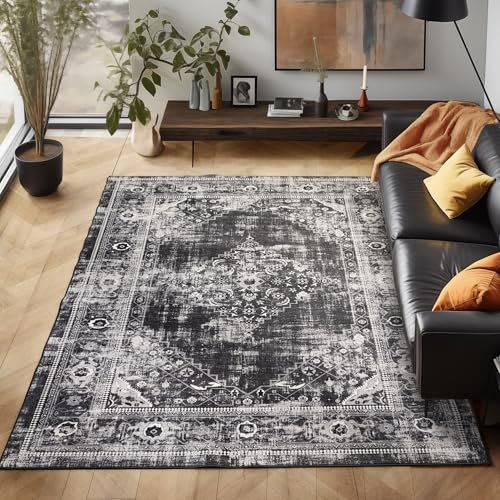 Waschbarer Teppich Flachgewebe Robust Modernes Design Vintage Optik rutschfest Teppich Wohnzimmer, Farbe: Schwarz, Größe: 80 x 250 cm