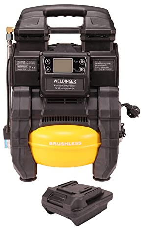 WELDINGER Flüsterkompressor FK60 akku pro 550W Druckbereich 3-9 bar Digitaldisplay 5 Liter Aluminiumtank für DeWalt 18V-Akkus 5 Jahre Garantie