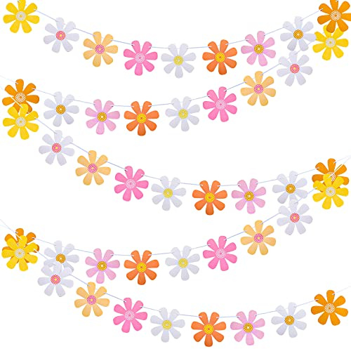 Set of 5 Daisy Groovy Banner Boho Daisy Paper Garlands Hippie Party Banners Decor Colorful Flower Banners for Baby Shower Two Groovy Party Supplies Birthday Nursery Home Decor