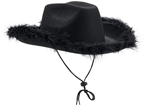 DELIMALI Cowgirl-Hut, Cowboyhüte für Frauen, flauschige Federkrempe, Cowboyhut Junggesellinnenabschied, Cosplay, Kostüm, Verkleidung, Party (schwarz-schwarze Feder, 32 cm x 42 x 18 cm), Einheitsgröße