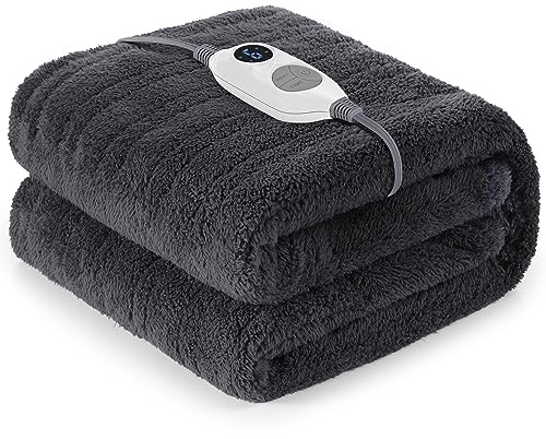 Warmrest Heated Blanket Electric Throw Blanket, 130x160CM Large Soft Sherpa | Fast and Even Heating, Energy-Saving, 6 Heat Levels, 1 to 10 Hours Auto-Off, Detachable Controller Machine Washable, Gray