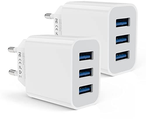 USB Ladegerät, 3-Port USB Adapter 15W, Mehrfach Stecker 2er Pack Schnellladegerät Mehrfach Netzteil für iPhone15/14/13/12/11/X/8 and Samsung, Xiaomi, Tablets, Smartwatch,Handys Ladeladapter