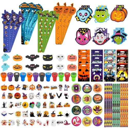 Zoonvii 134 STK Halloween-Schreibwaren-Sets für Kinder,Halloween Partyspielzeug Mitgebsel Kinder Set,inklusive Bleistifte,Lineale,Aufkleber und Radiergummis usw,Party Mitbringsel für Jungen Mädchen