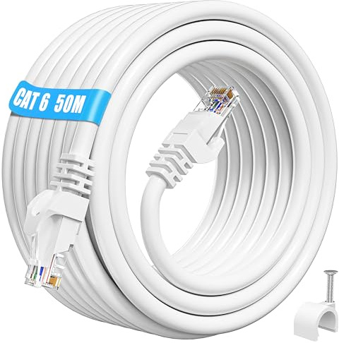 ikbc Cat 6 LAN Kabel 50 meter Weiß, Gigabit RJ45 Ethernet Netzwerkkabel | 1000Mbps Internetkabel, stabile 23AWG Adern, wetterfest für Outdoor, für PS5 und Fritzbox, inklusive 50 Kabelschellen
