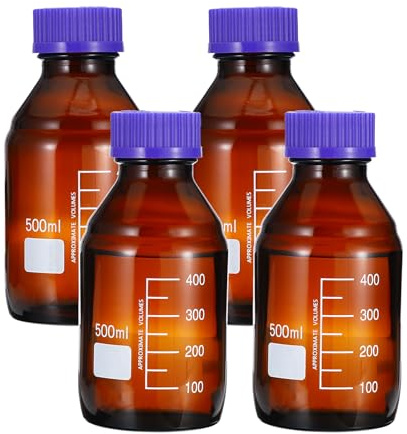 PATIKIL 4 Paquet Support Stockage Bouteilles, 500ml Borosilicate Verre Gradué Rond Bouteilles avec GL45 Bleu Vis Bouchon pour Laboratoire Eau Réactif Liquides, Marron
