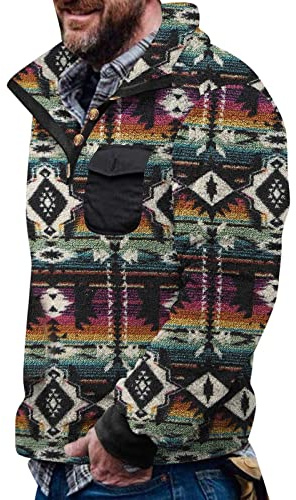 Aztec Fleece Pullover Herren Ohne Kapuze Fleecepullover mit Tasche Winterpullover Männer Fleecejacke Button down Sweatshirt Warm Vintage Norweger Pullover Fuzzy Sherpa Sweatpullover Schwarz M