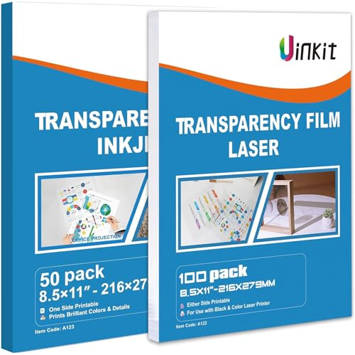 Uinkit 100Sheets Laser Transparency Film and 50 Sheets Inkjet Transparency Film Ohp Clear Overhead Projector