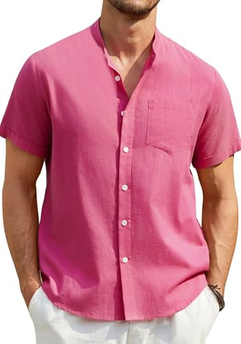 Enlision Camicia di Lino Uomo Fucsia Camicia Collo Coreano Manica Corta Estiva Camicie Uomo Lino Cotone con Bottoni Tasche per Casual Beach Matrimonio L