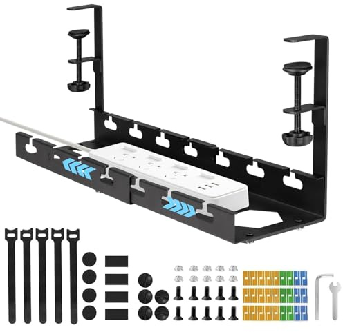 Edencomer Cable Management, Plateau de Gestion des Câbles sous Bureau sans Perçage, Rétractable 28,7cm-55cm, Organisateur de Câbles et Multiprises pour Bureau à Domicile, Noir