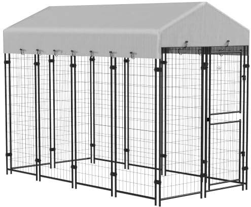 PawHut Recinto per Cani da Esterno Tetto Anti-UV 239x121x183cm Argento | Kennel Gabbia per Cani Grandi, Impermeabile, Porta a 2 Sezioni, in Metallo
