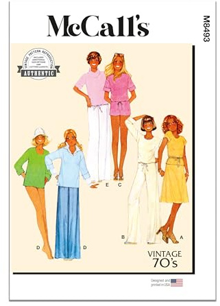 McCall's M8493A Easy-to-Make Vintage 1970's Misses' Knit Tops, Skirt, Pants and Shorts Sewing Pattern Packet, Design Code M8493, Sizes XS-S-M-L
