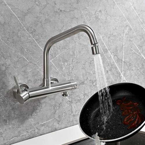 BuntHaus Wasserhahn Küche Wandmontage mit 3/4 zoll Anschluss für Geschirrspüler/Waschmaschine, Edelstahl Wandarmatur Küche mit 2 Strahlarten, Küchenamatur mit Flexibler Auslauf