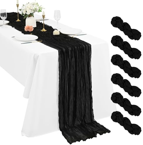 Pesonlook 6 Stück Schwarz Seihtuch Tischläufer 3 m Boho Gaze Tischläufer 55 x 300 cm rustikal romantisch Langer Tischläufer für Hochzeit Party Brautparty Erntedankfest Weihnachtsdekoration