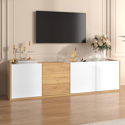 BTM Meuble TV 170 Suspendu pour Salon, Meuble de Rangement avec Multi-Espace, Table TV avec 3 tiroirs, Blanc et Bois