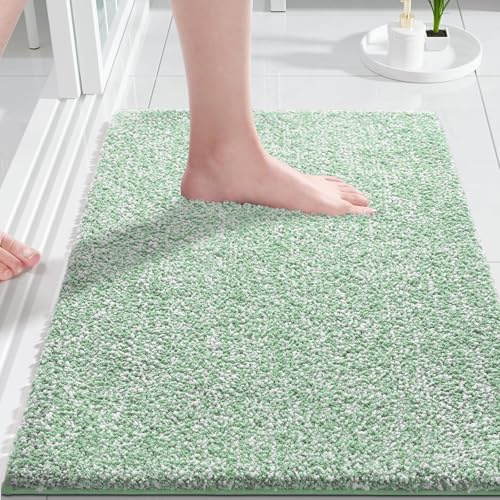 Yimobra Rutschfester Badezimmerteppich Extra weich und bequem Wasserabsorbierende, Dicke und maschinenwaschbare Badematte Flauschig für Dusche und Badewanne, Grün&Weiß, 43 x 61 cm