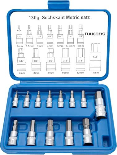 DAKCOS Juego de 13 llaves hexagonales métricas de 2-14mm de 1/4 3/8 1/2 Cr-V