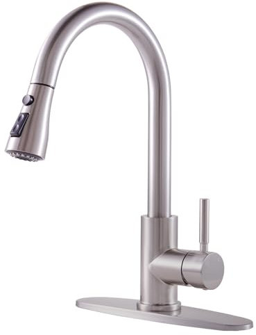 KINGO Kitchen Faucet, Brushed Nickel Kitchen Faucets with Pull Down Sprayer, High Arc Single Handle Stainless Steel Sink Faucets 1 or 3 Hole, Kitchen Sink Faucets for Farmhouse Camper Laundry Rv Bar