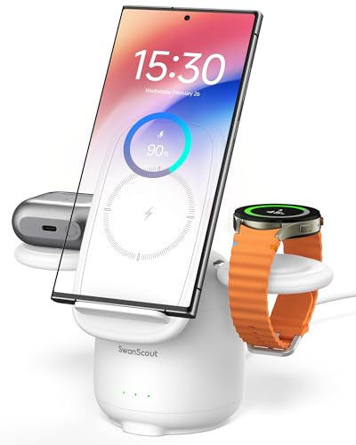 SwanScout Chargeur Induction pour Samsung S26+, Station de Charge 3 en 1 pour Samsung S25 Ultra/S24/S23/Z Flip 7/Z Fold 7, Chargeur Rapide sans Fil pour Galaxy Watch 8/Ultra7/6/5/Buds 4 (No Adapter)