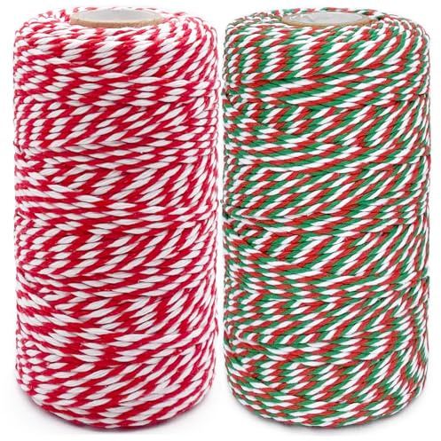 Cotton Twine String, 2 Rolls, 200m, Bakers Twine, Natural, Red, White, Green, for Baking, Arts, Crafts, Gardening, DIY, Home Decor