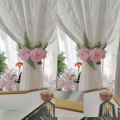 legacci per tende, legacci per tende, Fermatenda magnetici for tende, confezione da 2, con foglie verdi, fiori artificiali, for tende, fermagli for tende decorative for matrimoni, for ragazza(Pink)