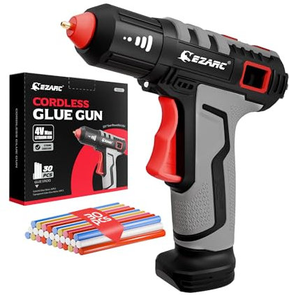 EZARC Cordless Hot Glue Gun with 30 Pcs Mini Glue Sticks, 15s Heating Fast Mini Glue Gun kit, Smart Power-Off, 2500 mAh Rechargeable Battery, DIY, Crafts, Decorations, Home Repairs, Gray